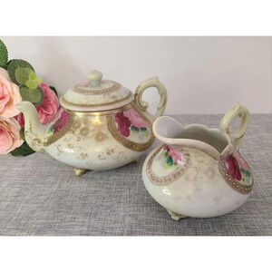 Vintage Hand Painted‎ Pink Gold Floral Footed Teapot & Creamer